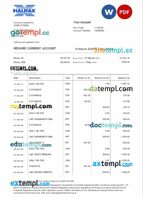 United Kingdom Halifax bank statement 3 - 6 months Word and PDF example