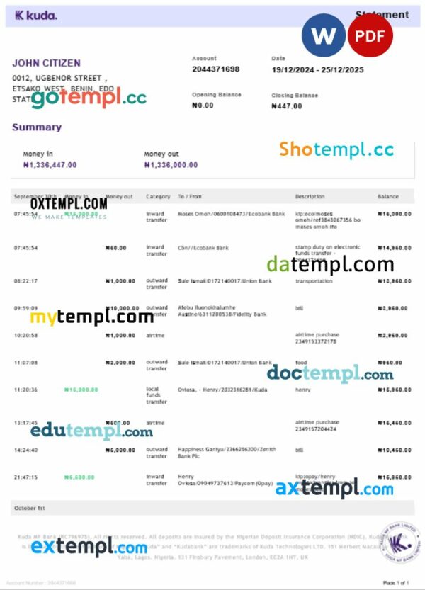 United Kingdom Kuda bank statement Word and PDF template