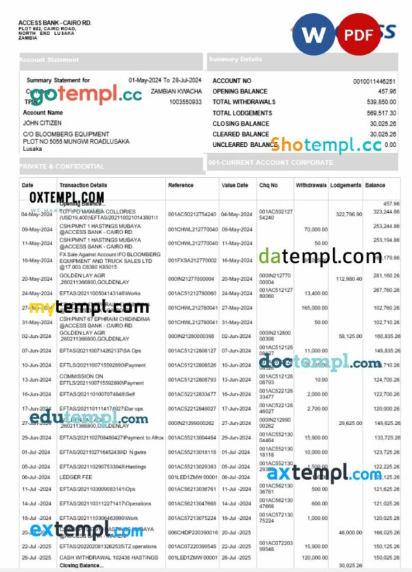 Zambia Access bank statement Word and PDF example