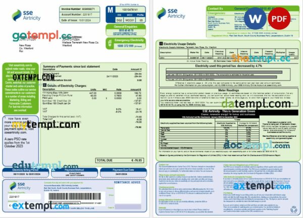 Australia SSE Airtricity utility bill Word and PDF template, 2 pages