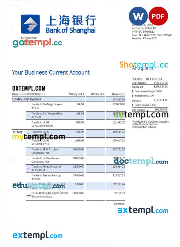 Bank of Shanghai firm account statement Word and PDF template