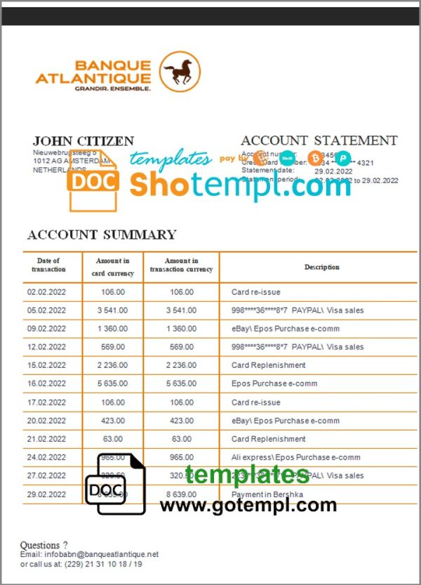 Beninois Banque Atlantique bank statement 3 - 6 months example in Word and PDF format