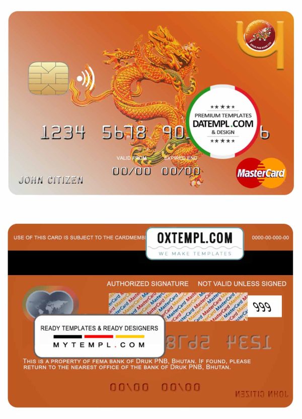 Bhutanese Druk PNB bank mastercard example in PSD format, fully editable