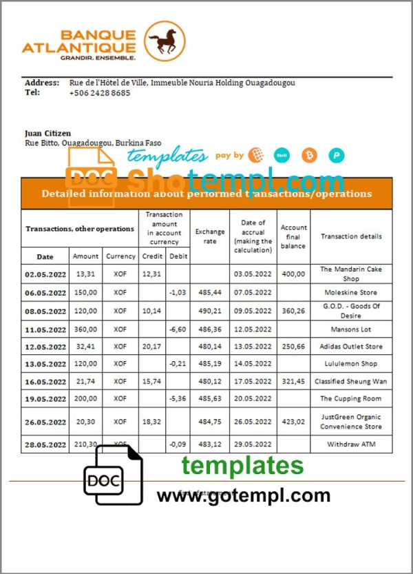 Burkinabé Banque Atlantique bank statement 3 - 6 months example in Word and PDF format