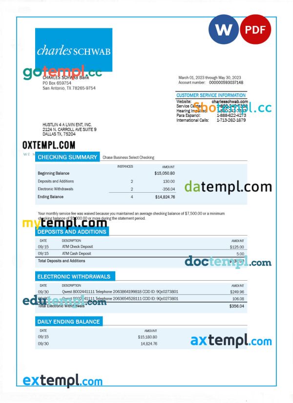 Charles Schwab Bank organization account statement Word and PDF template