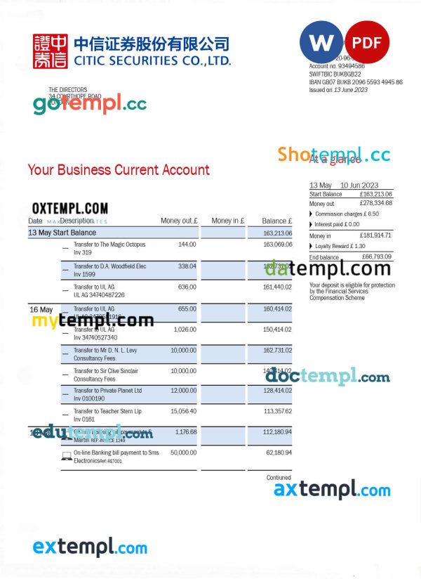 CITIC Securities bank firm account statement Word and PDF template