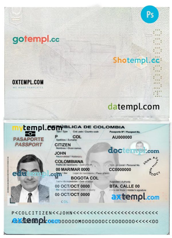 Colombian passport example in PSD format, fully editable, 2018 - present