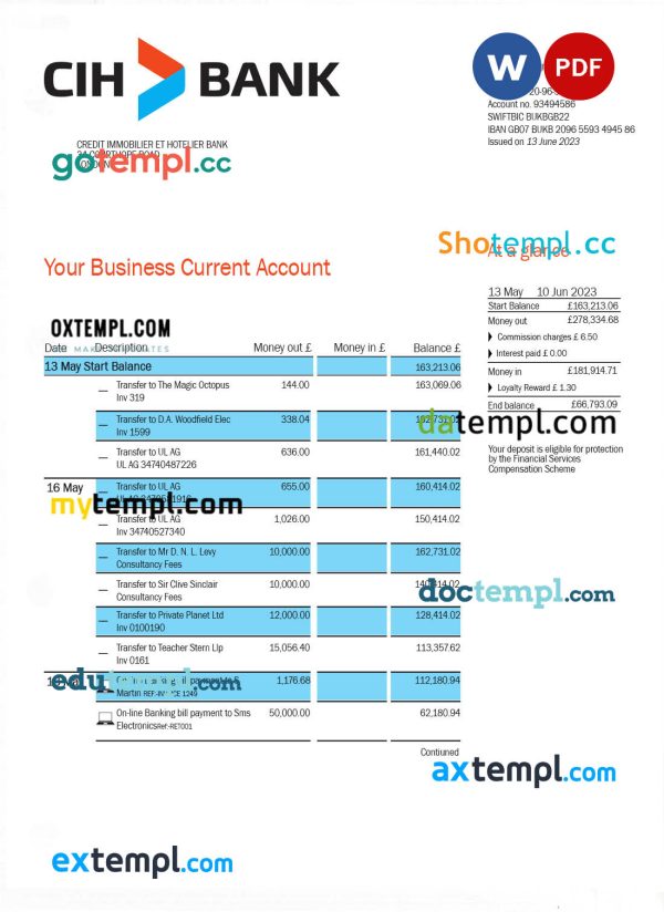 Credit Immobilier Et Hotelier enterprise account statement Word and PDF template