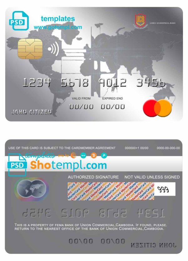 Cambodian Union Commercial bank mastercard credit card example in PSD format, fully editable