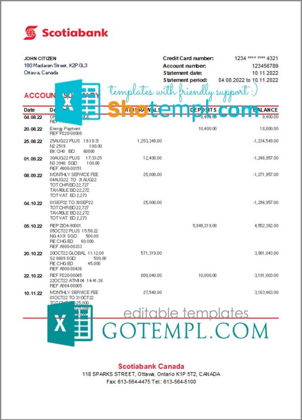 Canadian Scotiabank Bank Statement 3 6 Months Excel And Pdf Example Fully Editable Autosum 2955