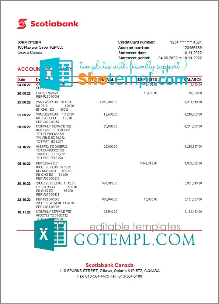 Canadian Scotiabank Bank Statement 3 6 Months Excel And Pdf Example Fully Editable Autosum 4614