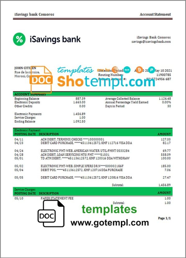 Comoran iSavings bank statement 3 - 6 months Word and PDF example, completely editable