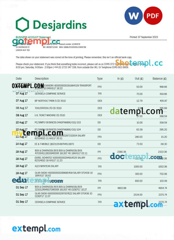 Desjardins Bank corporate checking account statement Word and PDF template