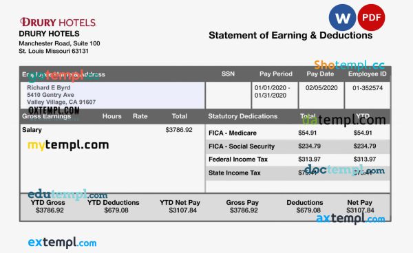 DRURY HOTELS earnings statement example in PDF and Word formats