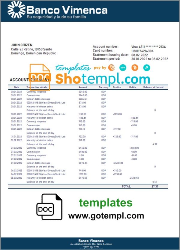 Dominicann Republic Banco Vimenca proof of address bank statement 3 - 6 months example in Word and PDF format