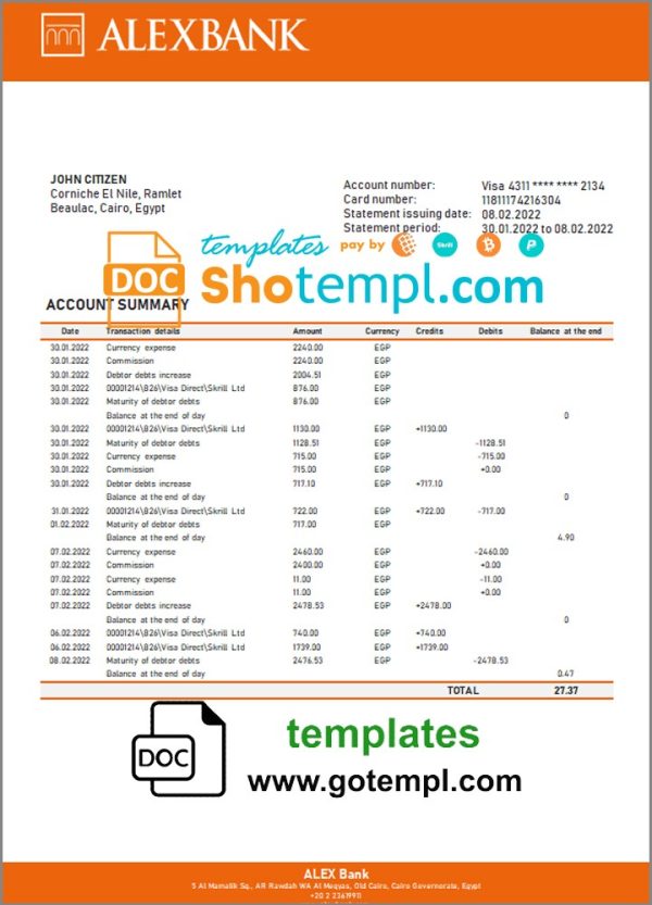 Egyptian Alex Bank of Egyptian proof of address bank statement 3 - 6 months example in Word and PDF format