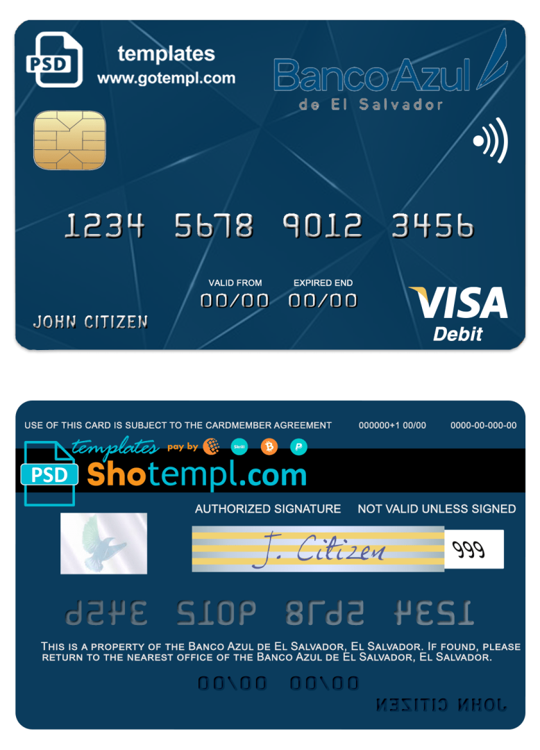 Salvadoran Banco Azul de Salvadoran visa debit card example in PSD ...