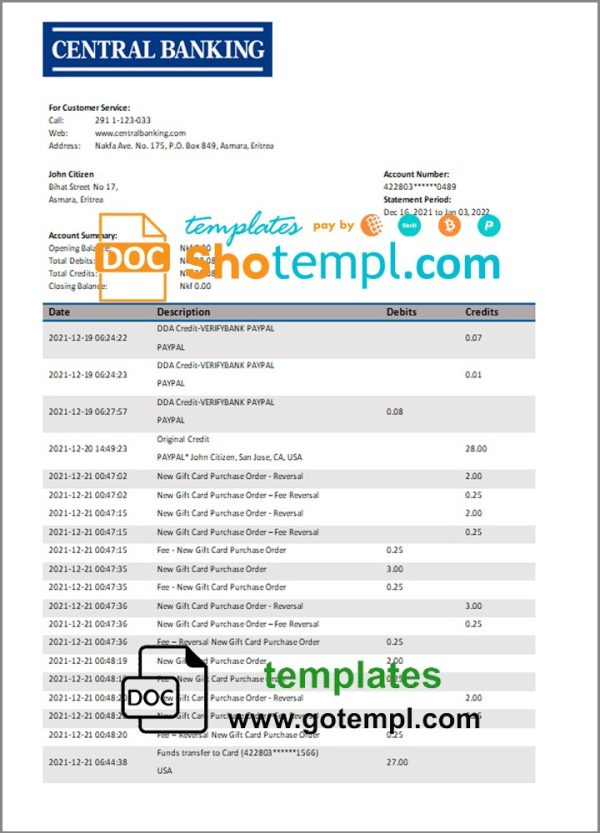 Eritrean Central bank statement 3 - 6 months example in Word and PDF format