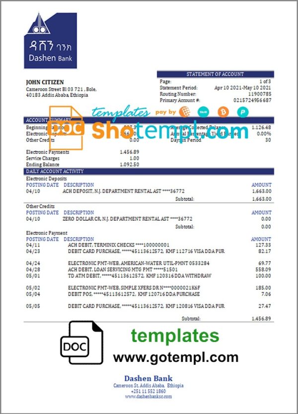 Ethiopian Dashen proof of address bank statement 3 - 6 months example in Word and PDF format