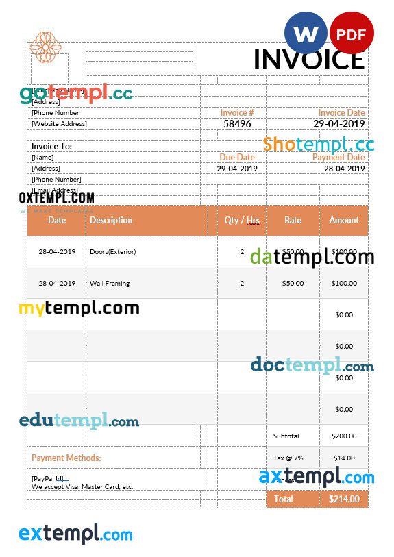 Exterior Design Invoice example in word and pdf format