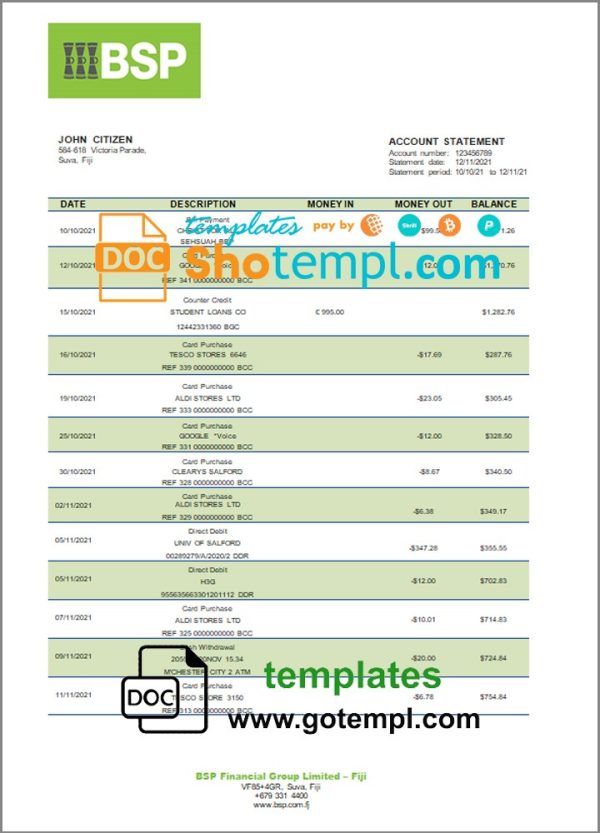 Fijian Bank of South Pacific bank statement 3 - 6 months example in Word and PDF format