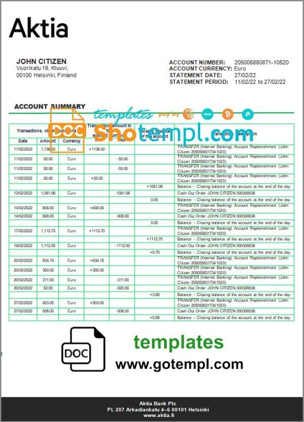 Finnish Aktia Bank statement example in Word and PDF format