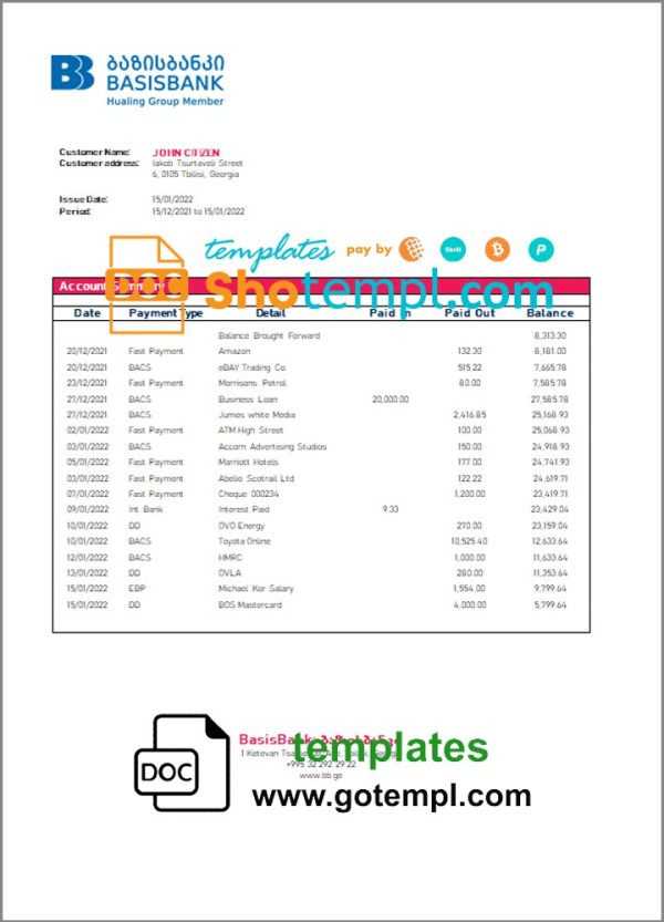 Georgian Basis Bank statement example in Word and PDF format