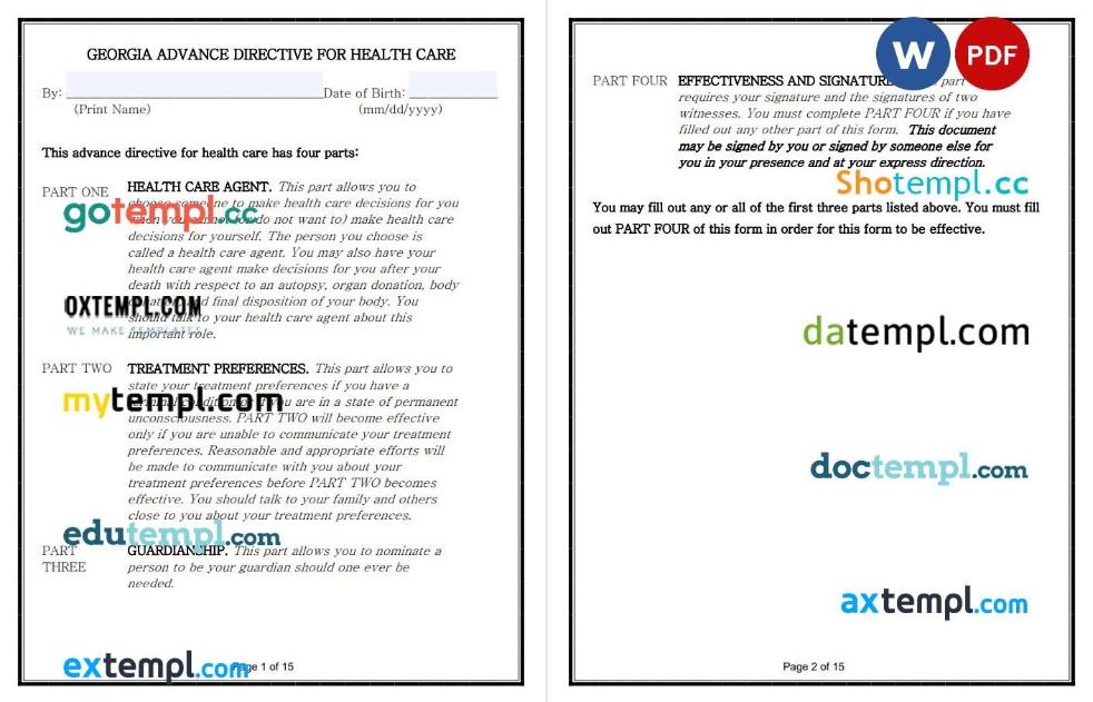 Georgian Advance Directive for Health Care example, fully editable