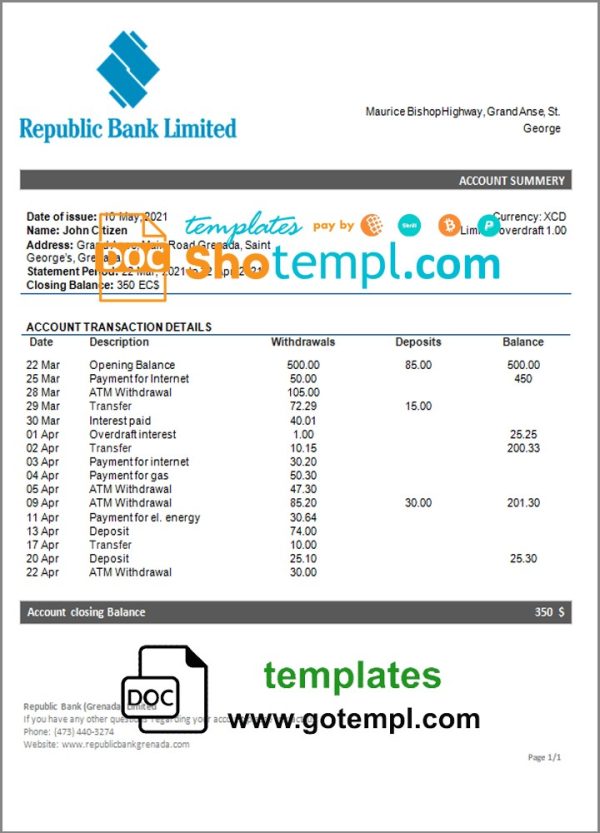 Grenadian Republic bank statement 3 - 6 months example in Word and PDF format