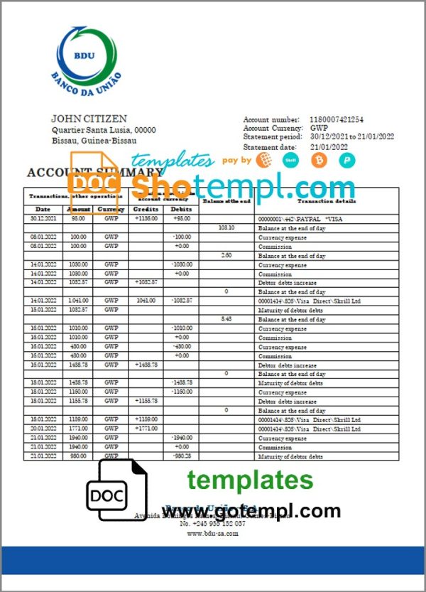 Guinean-Bissau Banco da Uniao proof of address bank statement 3 - 6 months example in Word and PDF format