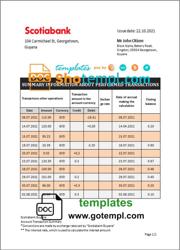 Guyanese Bank of Nova Scotia bank statement 3 - 6 months example in Word and PDF format