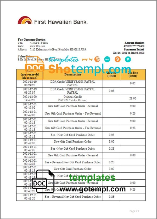 Hawaii First Hawaiian Bank statement bank statement 3 - 6 months example in Word and PDF format