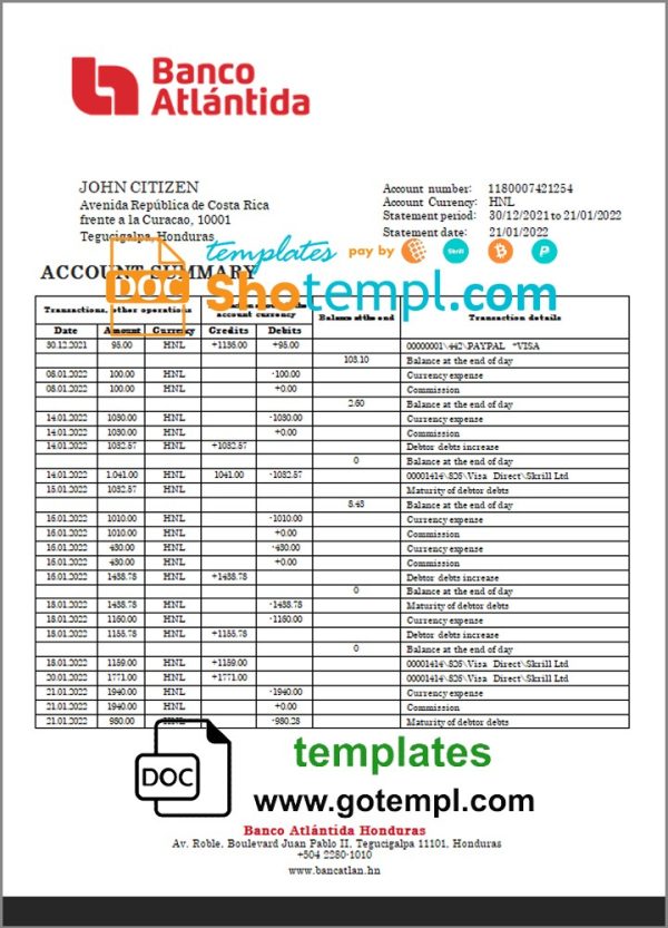 Honduran Banco Atlantida Bank statement example in Word and PDF format