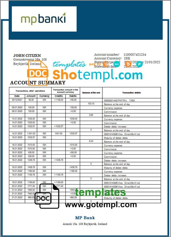 Icelandic MP Bank statement example in Word and PDF format (.doc and .pdf)