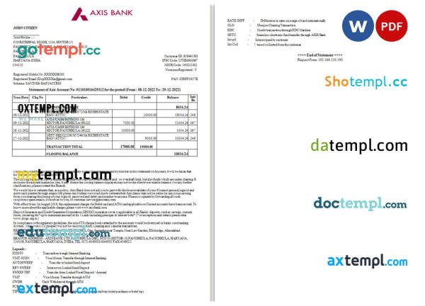 Indian Axis bank statement 3 - 6 months Word and PDF example, 2 pages, version 2