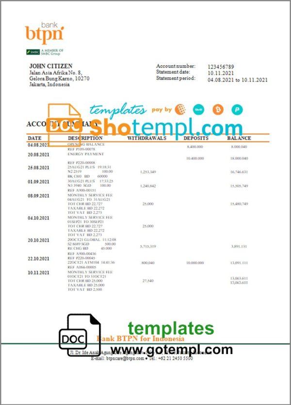 Indonesian BTPN proof of address bank statement 3 - 6 months in Word and PDF format