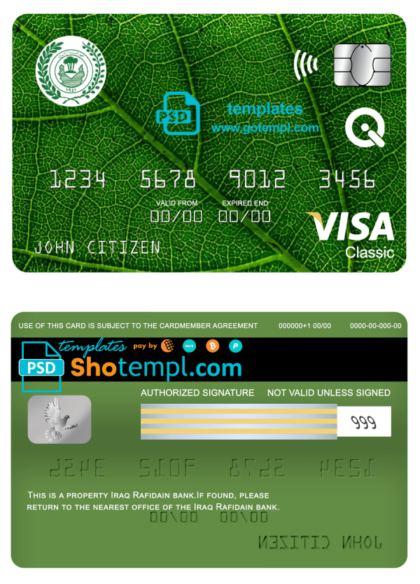 Iraqi Rafidain bank visa classic card, fully editable example in PSD format