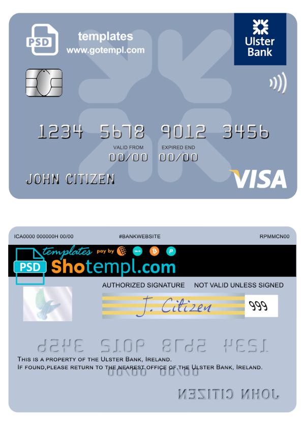 Irish Ulster Bank Irish visa card example in PSD format, fully editable