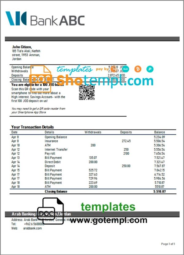 Jordanian ABC Bank statement example in Word and PDF format