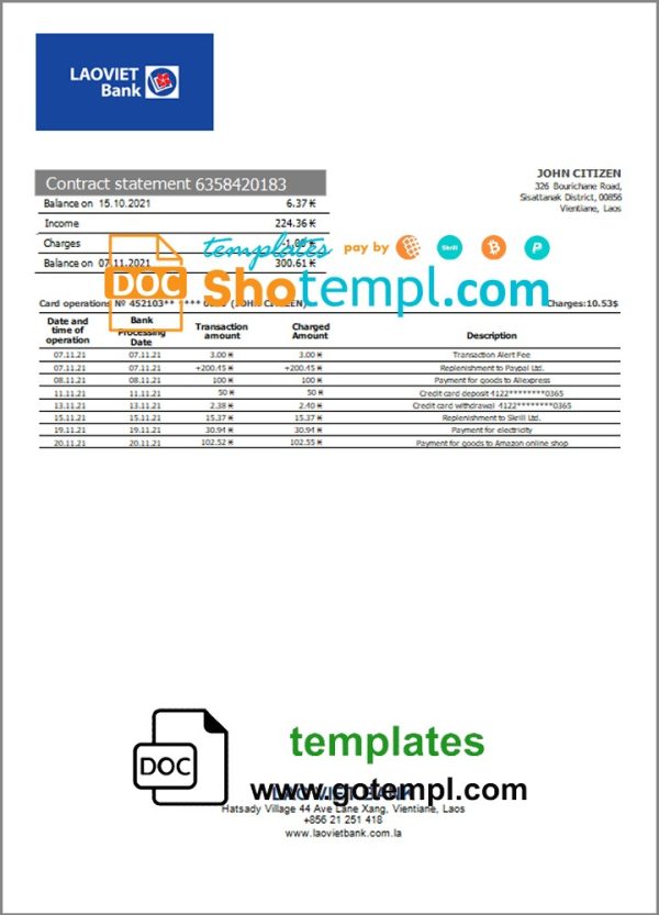 Laos Lao Viet Bank statement example in Word and PDF format