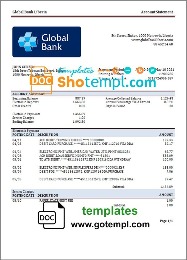 Liberian Global Bank statement example in Word and PDF format