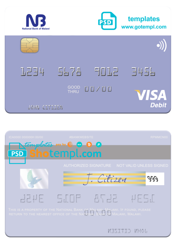 Malawian National Bank visa card fully editable example in PSD format