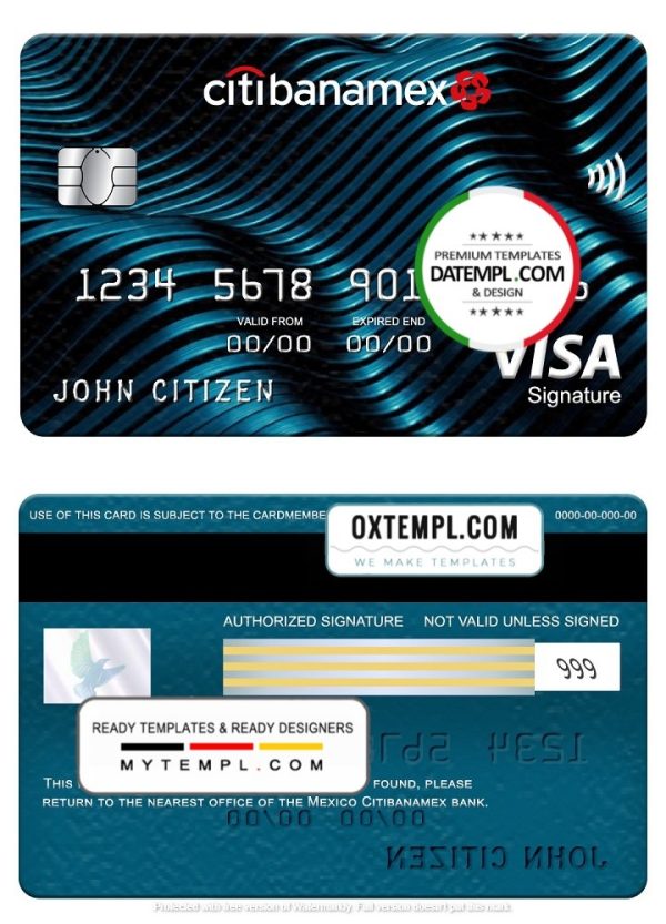 Mexican Citibanamex bank visa signature card, fully editable example in PSD format