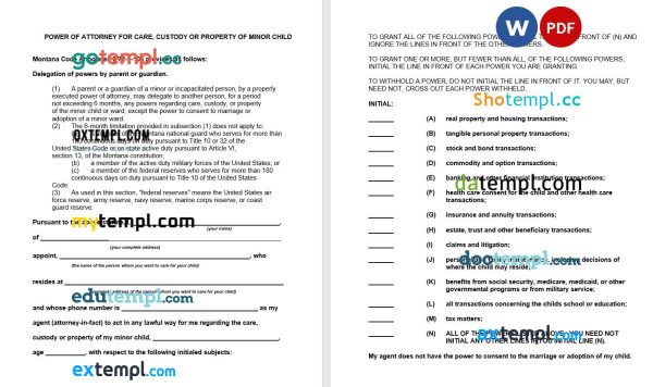 Montana Minor Child Parent Power of Attorney example, fully editable