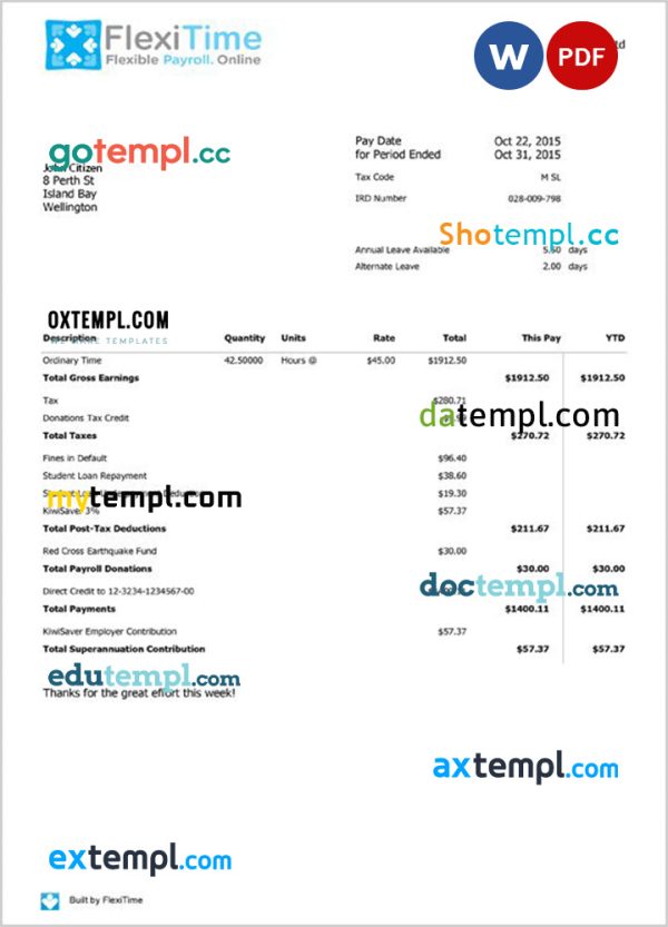 NEW ZEALAND FLEXITIME payroll example in Word and PDF format