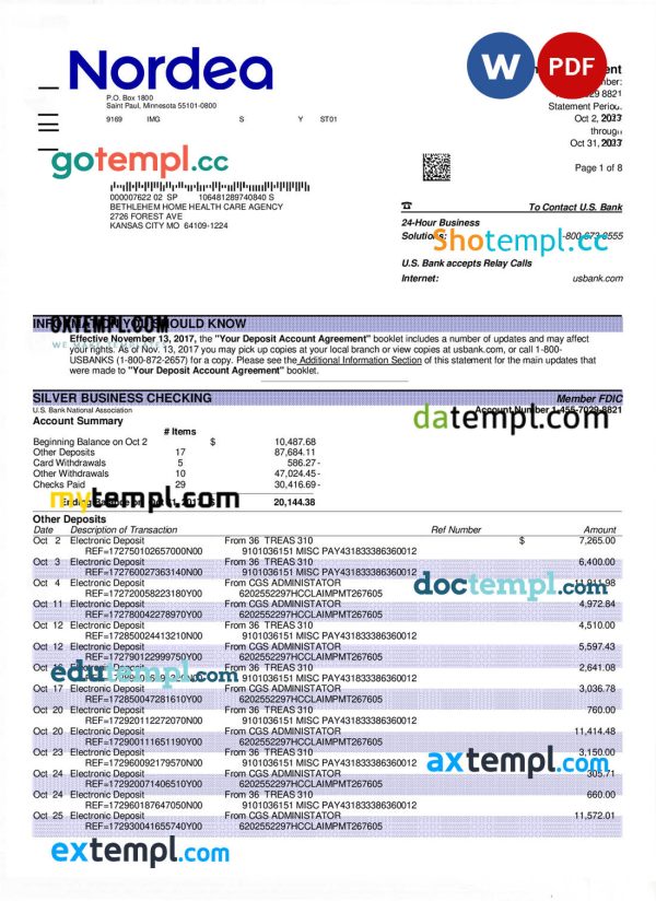 Nordea Bank enterprise checking account statement Word and PDF template