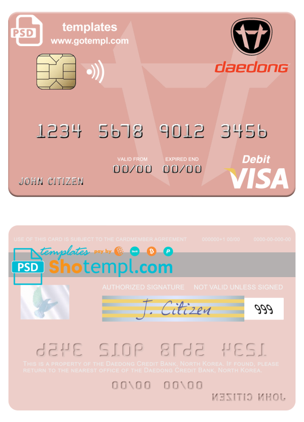 North Korean Daedong Credit Bank visa debit card, fully editable example in PSD format