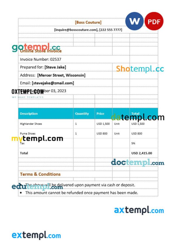 Online Store Invoice example in word and pdf format