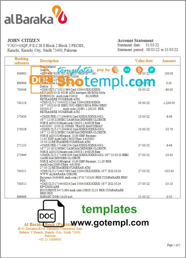 Pakistani Al Baraka bank statement 3 - 6 months example in Word and PDF format