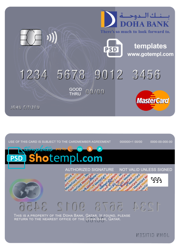 Qatari Doha Bank mastercard, fully editable example in PSD format